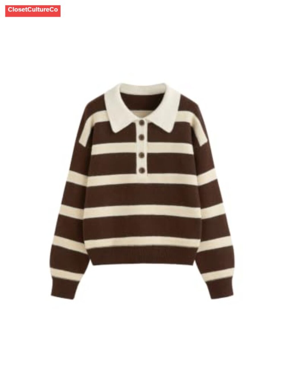 Striped Polo Sweater Half Button Knit Pullover Loose Fit Fall Shirt